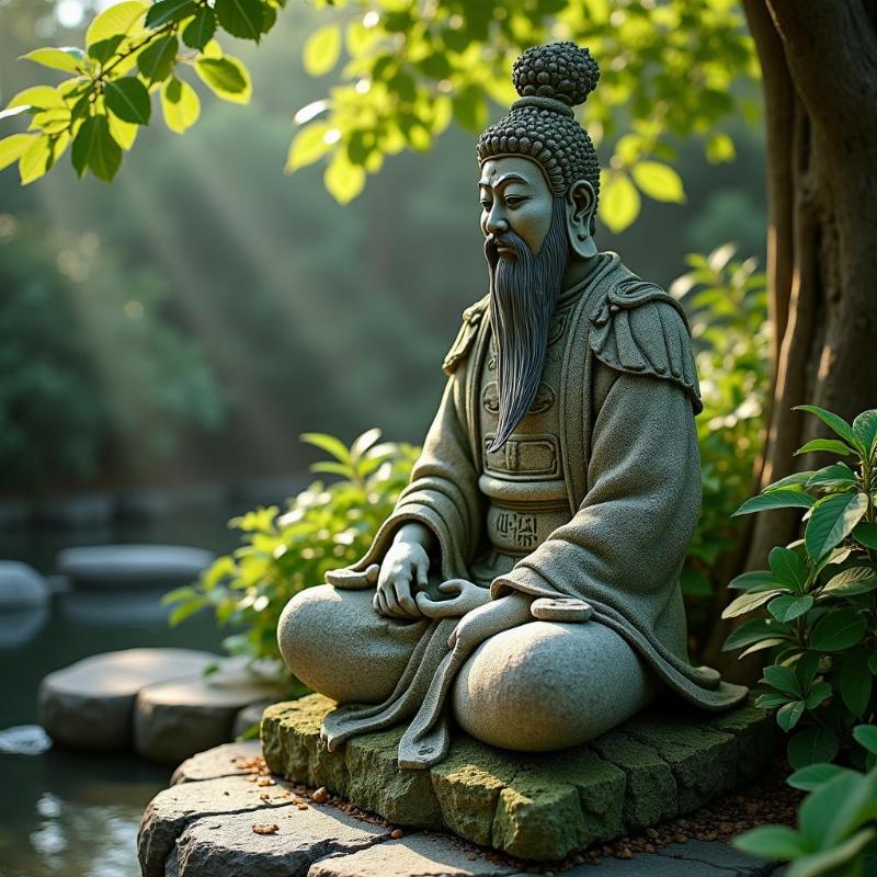 Cách trưng bày tượng Hùng Vương đá tự nhiên phù hợp trong không gian vườn tĩnh lặng.